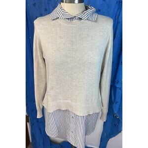 H&M Cream Layered Sweater Knit Pullover With Blue And White Strip Combo Large